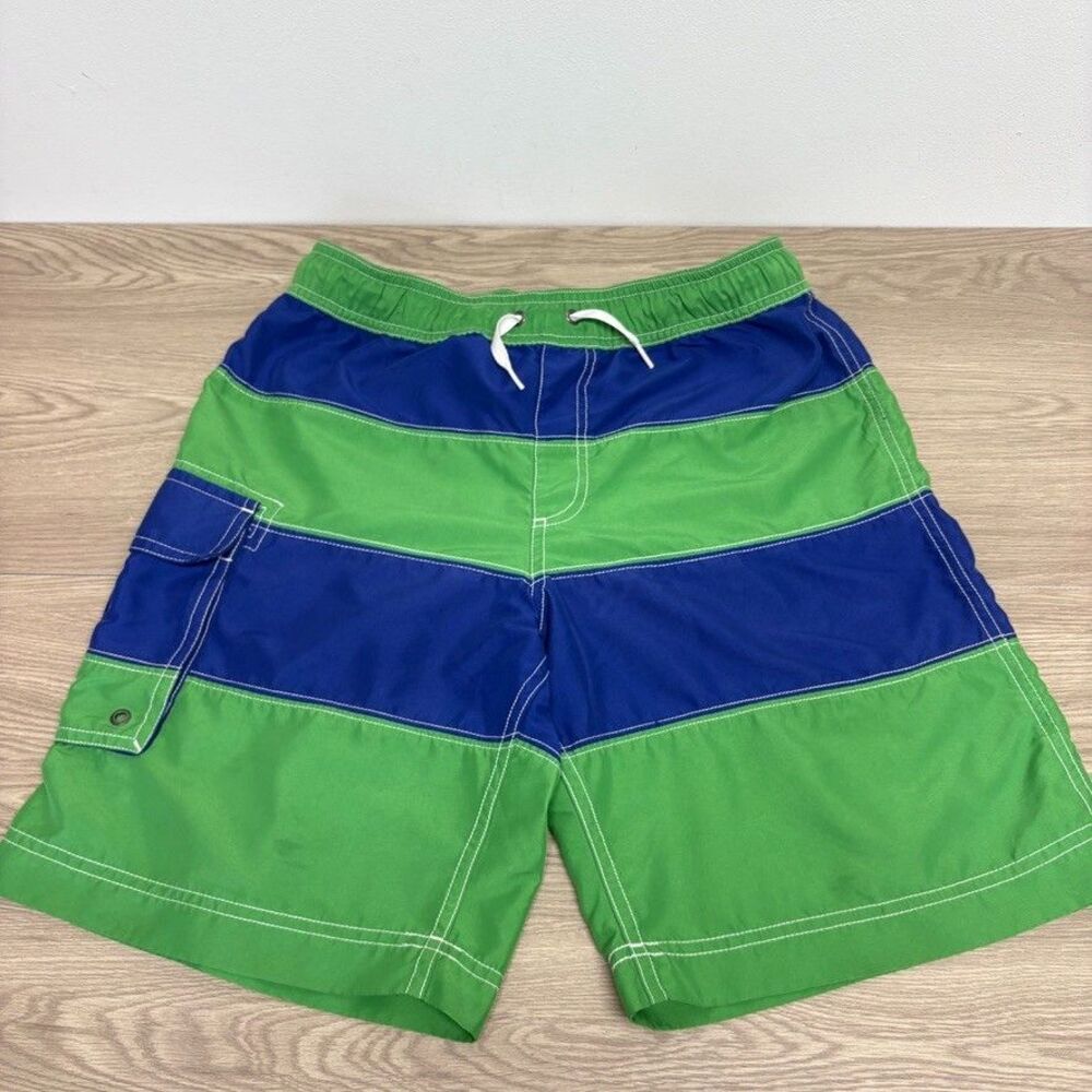 Hanna Andersson Boys Green Swim Trunks Board Shorts Striped Sz 12/14